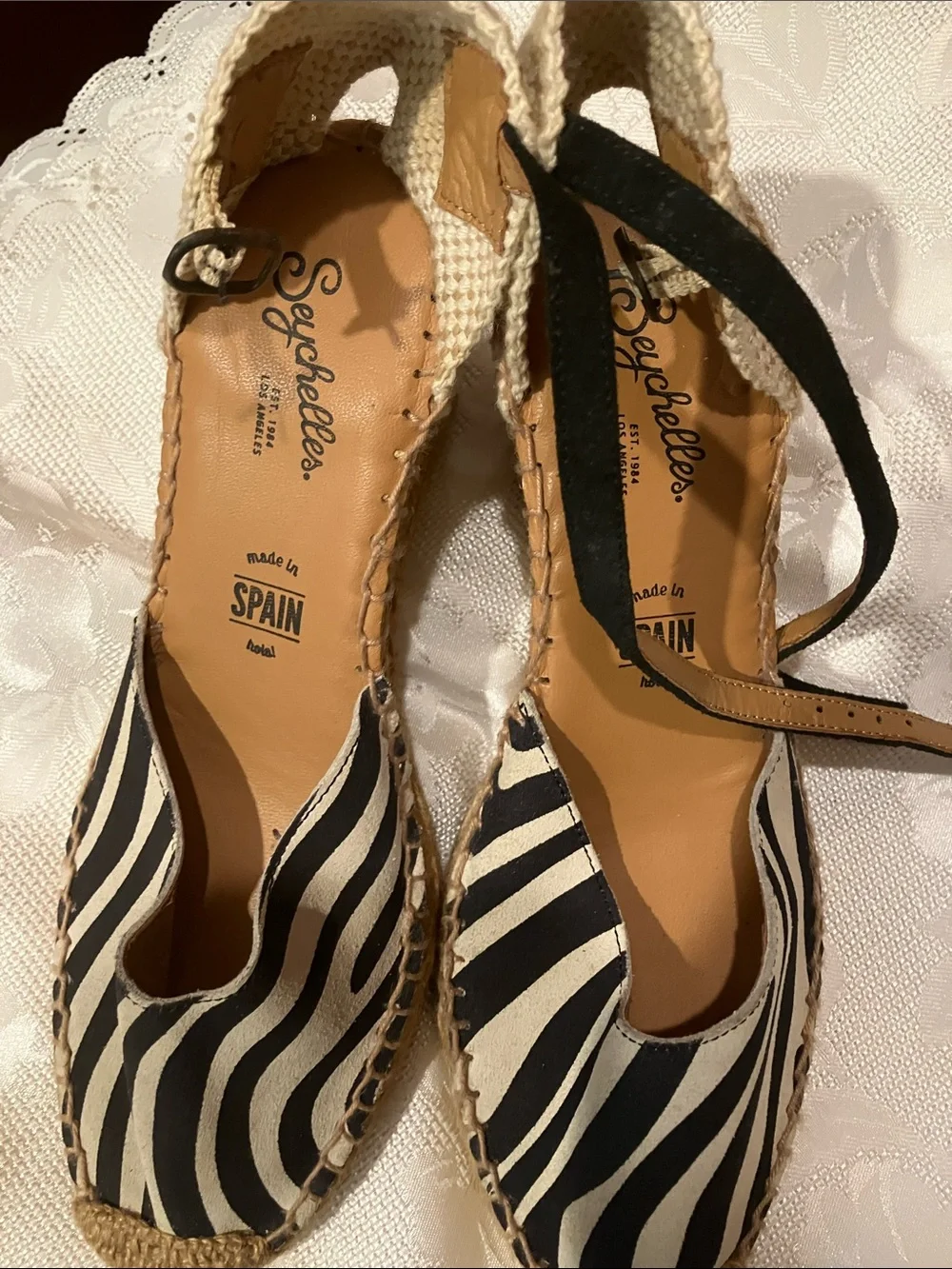 Seychelles Black and White Striped Espadrille Wedges with Ankle Tie